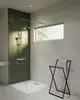Duschbereich mit einer transparente Glasduschwand und einer braunen Wandfläche. Ein schwarzes Handtuchregal steht daneben. Ideal Standard-Duschsystem mit Kopf- und Handbrause an der Wand.